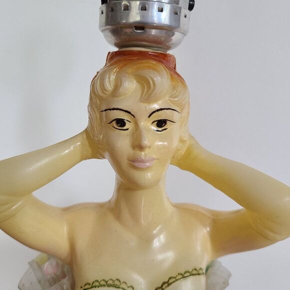 Vintage Lady In Dress MCM Lamp Celluloid Plastic Floral Swiss Dot Hoop Skirt - Picture 4 of 16